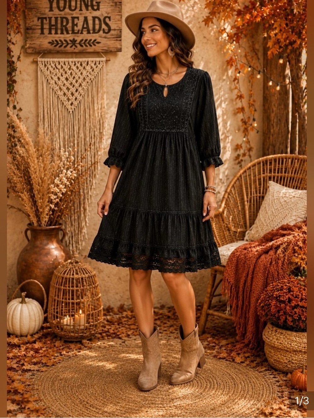 Young Threads Black Crochet Tiered Long-Sleeve Dress